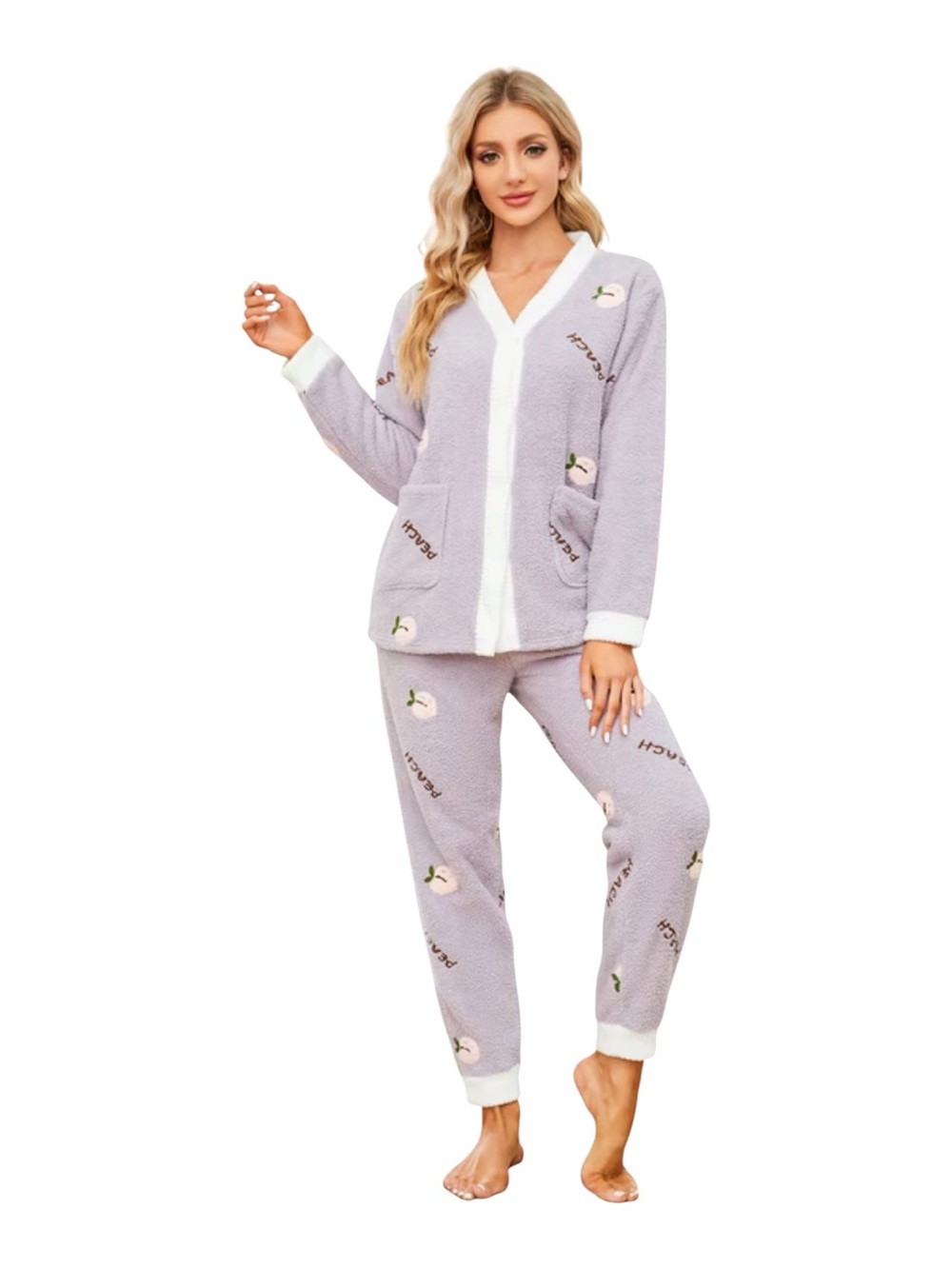 Nwt LYCY women’s fuzzy plush pj set with peach theme logo sz S
